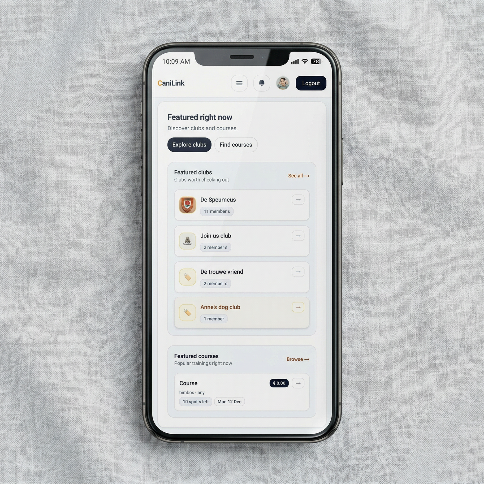 CaniLink mobile dashboard