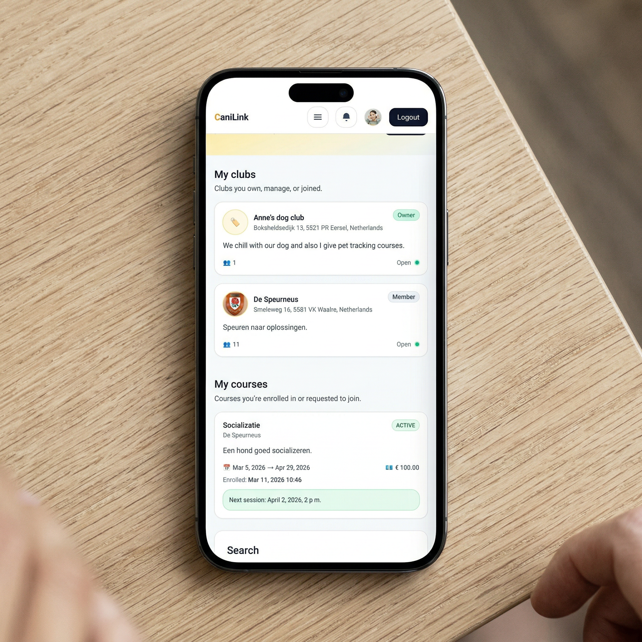 CaniLink mobile discovery screen